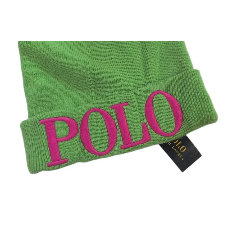 Polo Ralph Lauren Vintage Spell Out Beanie Green & Pink Logo - New